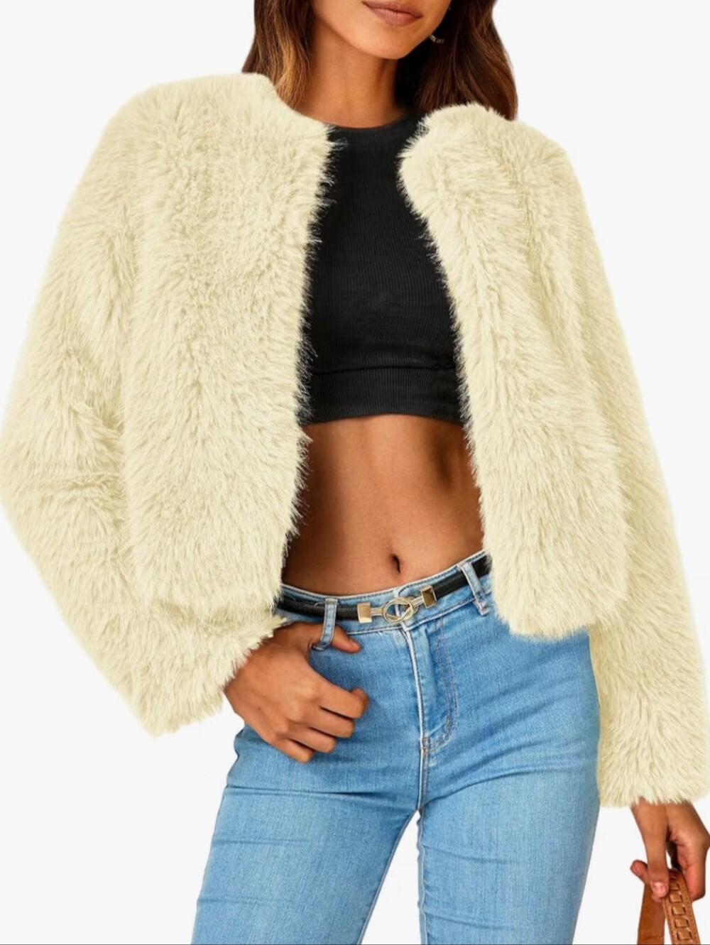 Women's Winter Cropped Faux Fur CoatsWarm Fuzzy Shaggy, Long Sleeve Crewneck